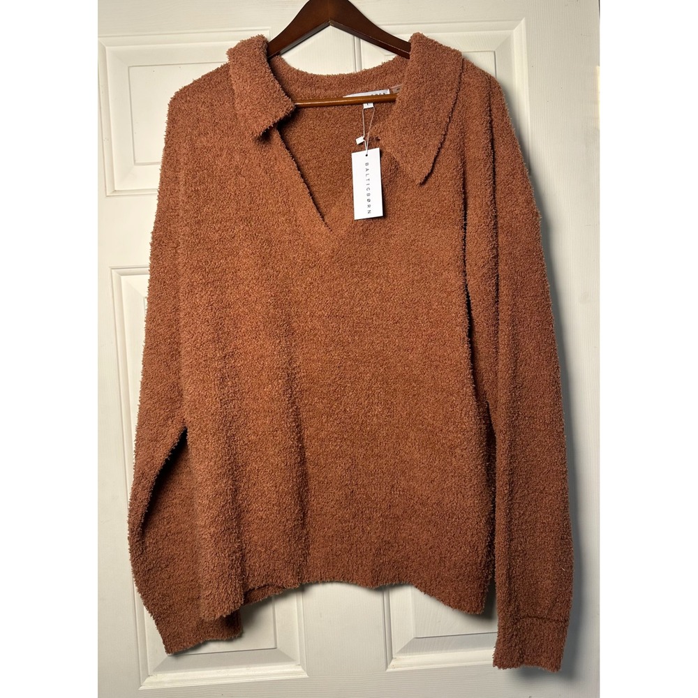 Baltic Born Cozy Terra Cotta Fuzzy Collared V Neck Long‎ Sleeve Sweater L NWT